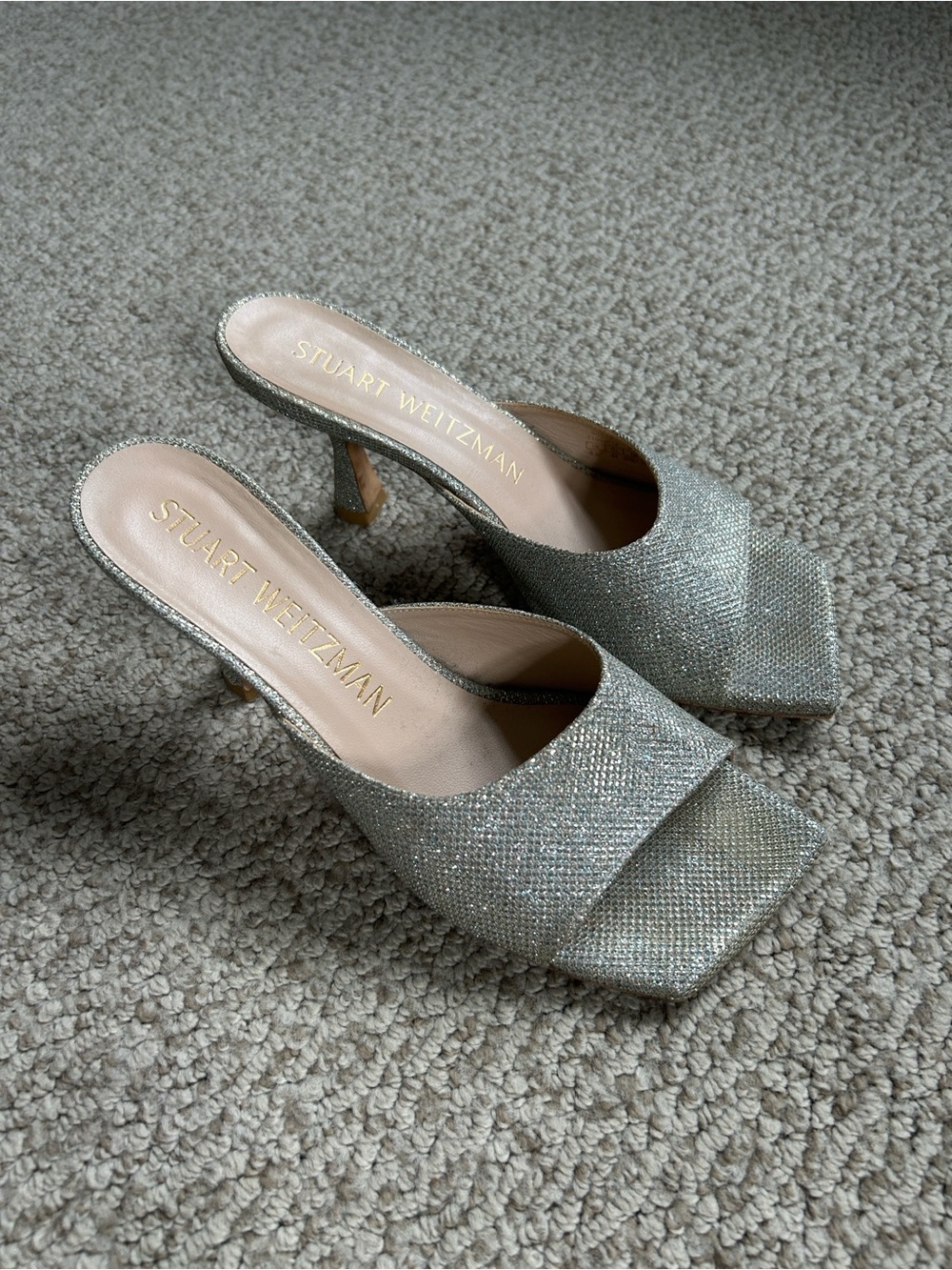Stuart Weitzman Glittered Silver Open-Toe Mules